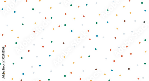 Colorful confetti dots scattered on a white background, abstract geometric pattern.