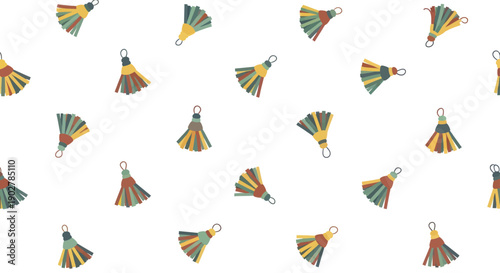 Repeating pattern of colorful tassels with geometric segments on a white background, flat design
