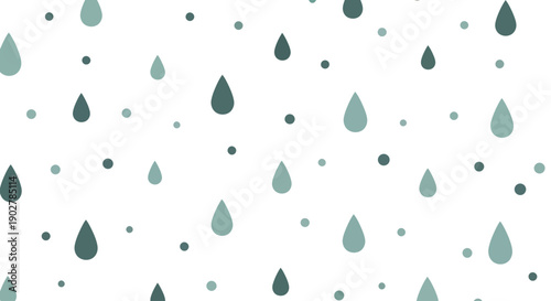 Abstract pattern of falling raindrops and dots in muted blue and green tones on a white background.
