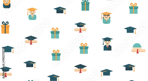 Graduation caps and gift boxes icons arranged in a pattern on a white background, modern flat design.