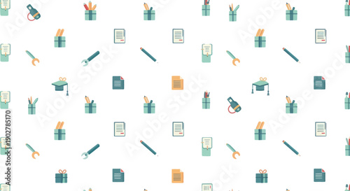 Educational and Office Supplies Pattern: Pencils, Caps, Wrenches, and Documents in a Repeating Design.