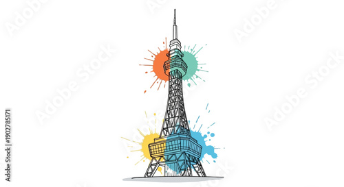 Vibrant Splash Artwork Featuring the Eiffel Tower in Paris, France - Illustrative Graphic Design with Colorful Elements