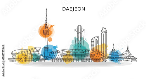 Daejeon City Skyline Illustration, South Korea, Graphic Art, Urban Landscape, Vibrant Colors, Contemporary Design