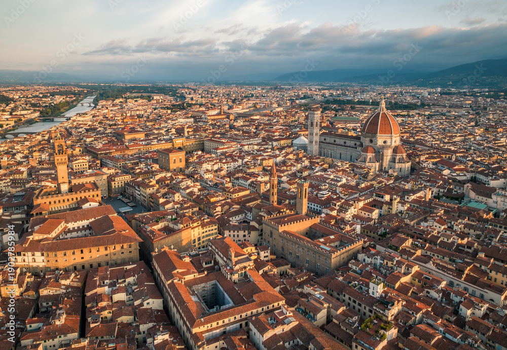 custom made wallpaper toronto digitalAerial skyline view of Florence with the Duomo rising above the city, captured in golden sunrise light. Timeless Renaissance cityscape in Tuscany, Italy