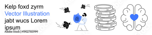 Cybersecurity, financial protection, mental health, digital safety, online security, data encryption. A person holds a shield against bugs, coins stacked nearby heart in brain values. Cybersecurity