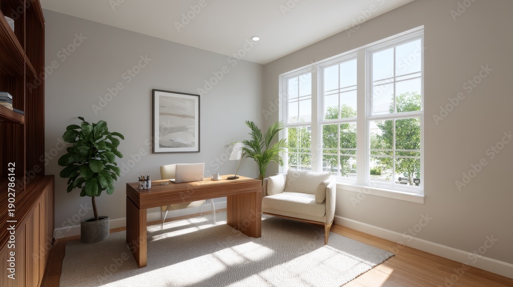 Fototapeta premium Modern minimalistic home office space with large windows, sleek desk, comfortable chair, greenery, and natural light for a productive work environment