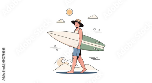 Person Carrying Surfboard Beach Lifestyle Summer Vector Illustration on White Background