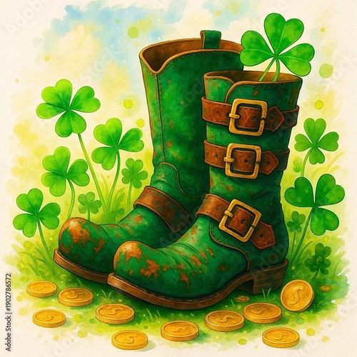 Leprechaun boots with clovers and gold coins on green background  