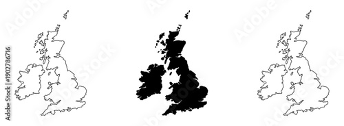 Stylized Simple Basic British Isles Island Map including Ireland and Great Britain Icon Set with Various Styles including Outline Contour and Flat Solid Silhouette. Vector Image.