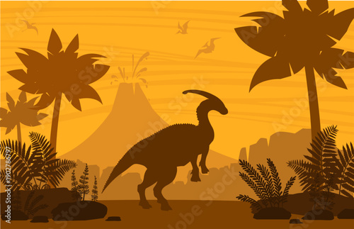 Silhouette of dinosaurs on nature landscape - eruption volcano, palm trees and prehistoric ferns. Vector illustration with ancient parasaurolophus and pterodactyls.