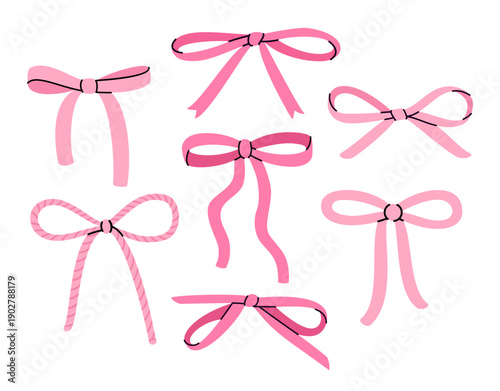Cute romantic pink bows. Hand drawn women's hair fashion accessories design. Elegant feminine knotted textile ribbons. EPS 10 vector illustrations.