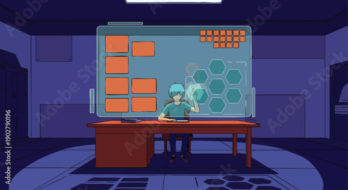 Animated character in a futuristic control room, interacting with a holographic interface to analyze data and program advanced systems.