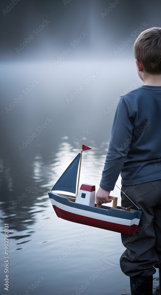 Fototapeta premium A young boy by the lake holding a toy boat
