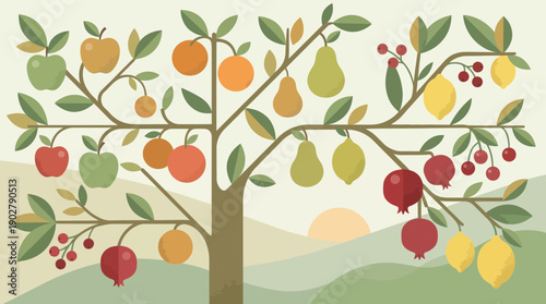 Vibrant fruit tree with diverse colorful fruits in a scenic landscape