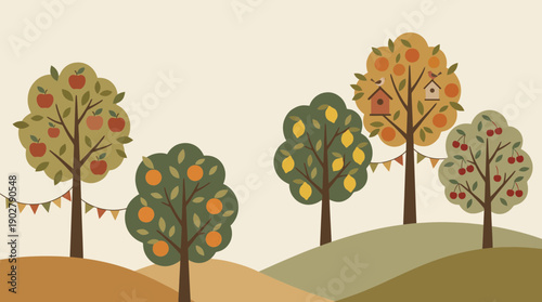 Vibrant trees with fruits and birdhouses on rolling hills