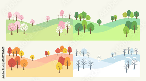 Seasonal landscape scenes with trees on rolling hills