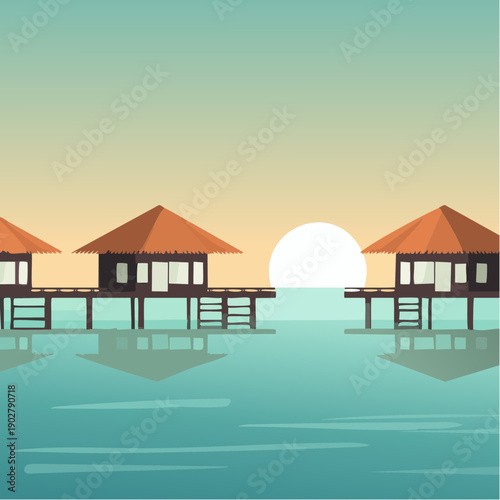 Overwater bungalows silhouetted against rising sun in tropical paradise, Maldives