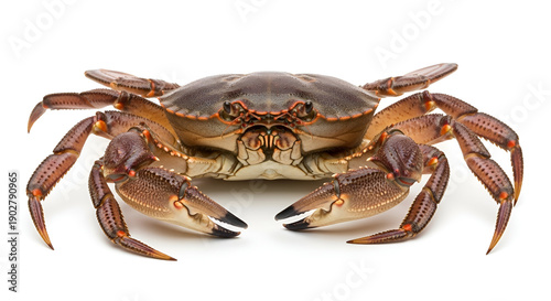 Sea crab front view isolated on white background, detailed shell and claws, seafood concept, marine life, ocean animal, and culinary ingredient.