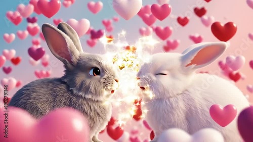 Cute rabbit couple in love with hearts background,Adorable bunnies sharing love with floating hearts hd 4k, HD 4K,Cute animal love concept with rabbits and heart shapes,Valentines day concept with ado