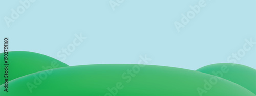 Cute 3d green hill background. Landscape scene with green mountains and blue sky backdrop with copy space