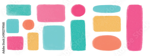 Colorful doodle box frames with crayon chalk-style. Set of hand-drawn sketches featuring chalk textures, pencil outlines, and cute oval stamps for creative projects