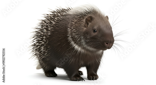 Small hedgehog isolated on white background, details of quills and fur are clearly visible, concept of wildlife, mammals, exotic fauna and natural elements.