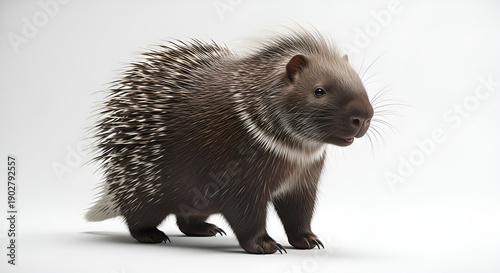 Small hedgehog isolated on white background, details of quills and fur are clearly visible, concept of wildlife, mammals, exotic fauna and natural elements.