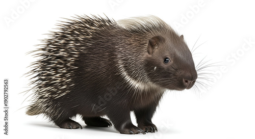 Small hedgehog isolated on white background, details of quills and fur are clearly visible, concept of wildlife, mammals, exotic fauna and natural elements.