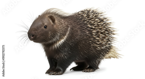 Small hedgehog isolated on white background, details of quills and fur are clearly visible, concept of wildlife, mammals, exotic fauna and natural elements.