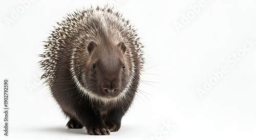 Small hedgehog isolated on white background, details of quills and fur are clearly visible, concept of wildlife, mammals, exotic fauna and natural elements.