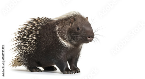 Small hedgehog isolated on white background, details of quills and fur are clearly visible, concept of wildlife, mammals, exotic fauna and natural elements.
