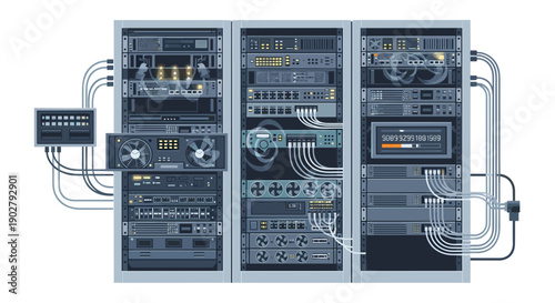Complex Electronic Server System with Multiple Cables.