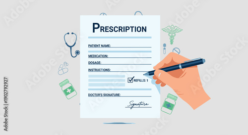 Doctor Hand Signing Medical Prescription Form.