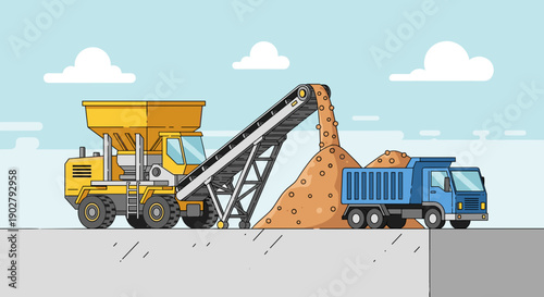 Heavy Machinery Vehicles Transferring Sand Material.