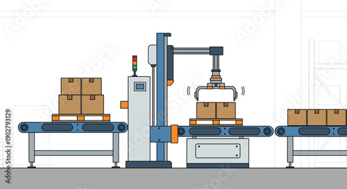 Industrial robotic arm packaging boxes on conveyor.