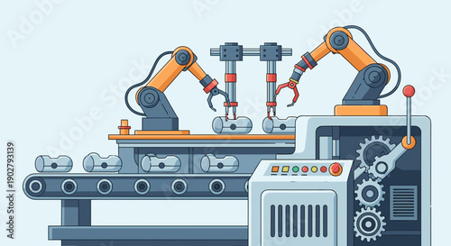 Industrial robotic arms on production line machinery.