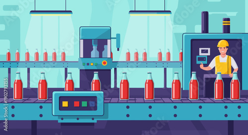 Industrial Worker Inspecting Bottles on Production Line.