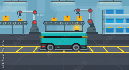 Teal Autonomous Delivery Vehicle in Factory.
