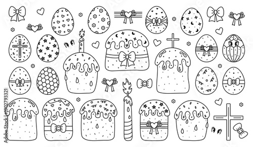Big black line Easter set, decorated eggs and cakes with sugar glaze. Whimsical outline signs, festive linear pictograms