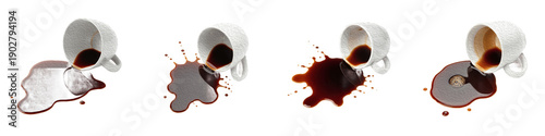 Tableau sur toile Set of Toppled White Ceramic Cups with Spilled Black Coffee, Messy Morning Drink