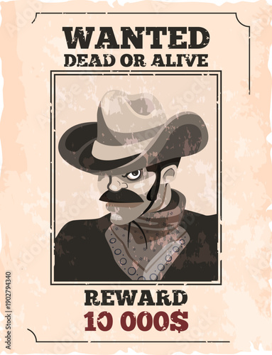 Wanted dead or alive poster. Criminal reward illustration