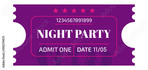 Ticket design for a night party with silhouettes of people. A mockup of a coupon for entry to a music and dance event in a modern style. Vector festival ticket mockup.