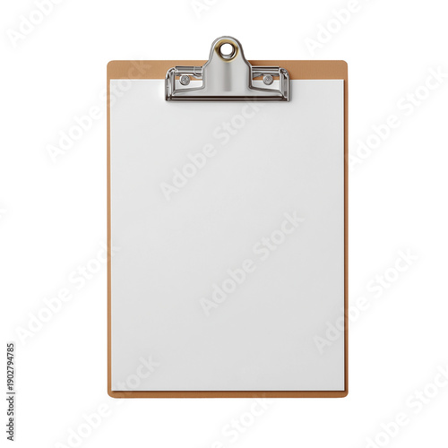 Empty clipboard with blank white paper sheet and metal clip, front view, isolated template for forms, notes, checklists and business documentation.