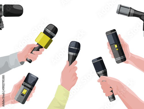 Hands with microphones. Reporters and journalist ask questions. Public press
