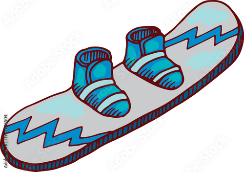 Snowboard binging shoes hand drawn color doodle