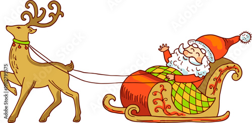 Santa ride reindeers sled. Hand drawn christmas mascot
