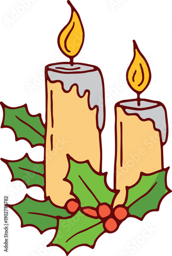 Christmas candles color doodle. Burning flame holiday decoration