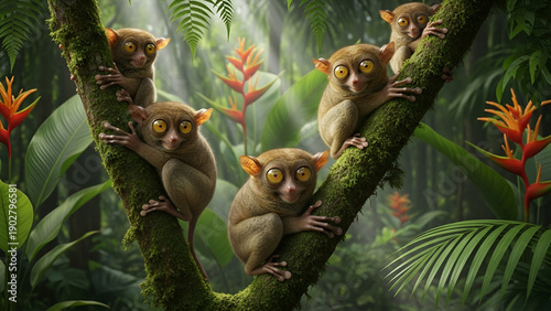 Group of tarsiers sitting on tree branch in tropical rainforest, big expressive eyes, exotic wildlife, natural habitat, jungle ecosystem, and primate life.