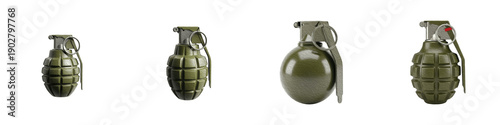 Set of Green Military Hand Grenades, Fragmentation and Smoke Explosives Isolated on Transparent Background, 3D Illustration PNG Cutout