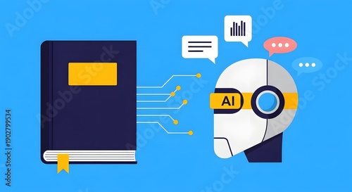 AI robot learning from book with data flow and speech bubbles